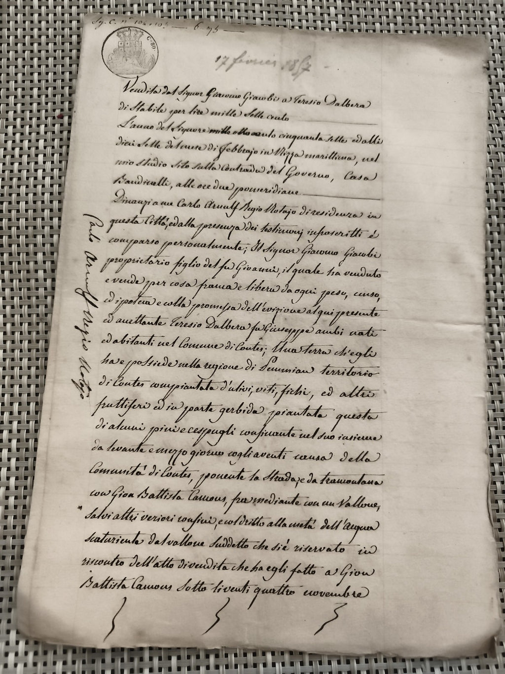 Ancien document manuscrit 17 janvier 1852 sceau Piémont Italie parchemin