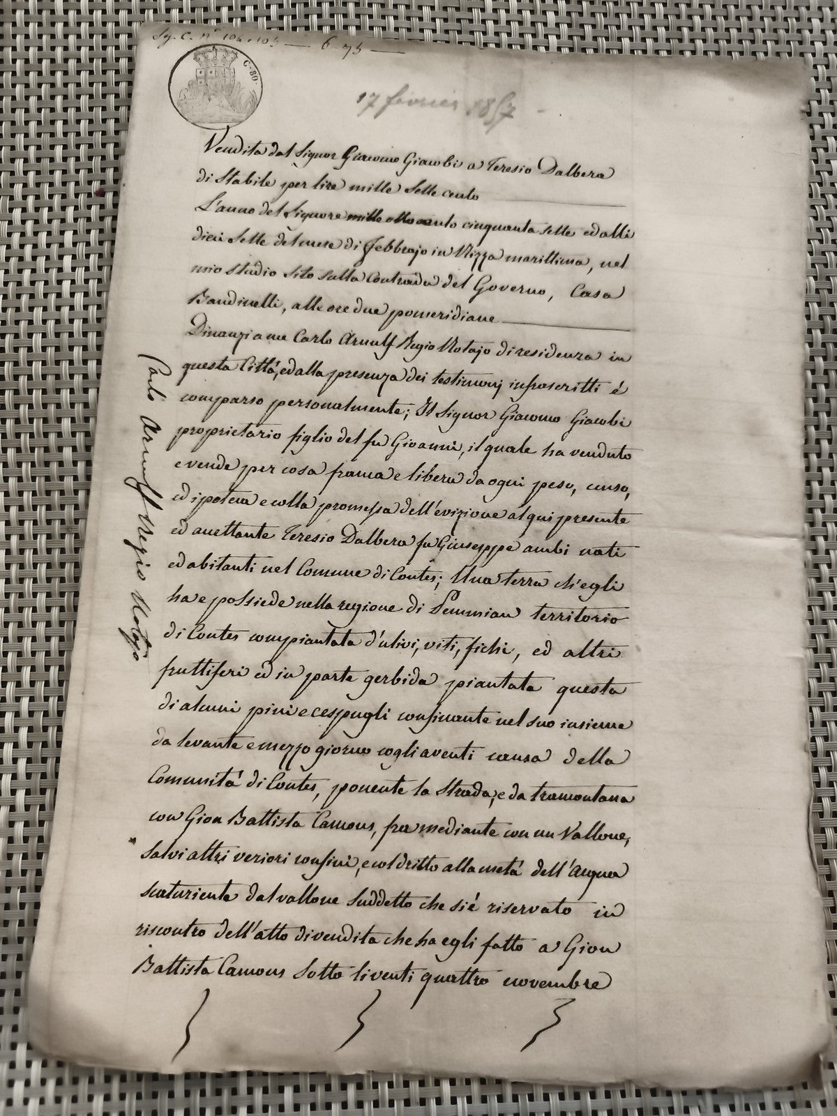 Ancien document manuscrit 17 janvier 1852 sceau Piémont Italie parchemin