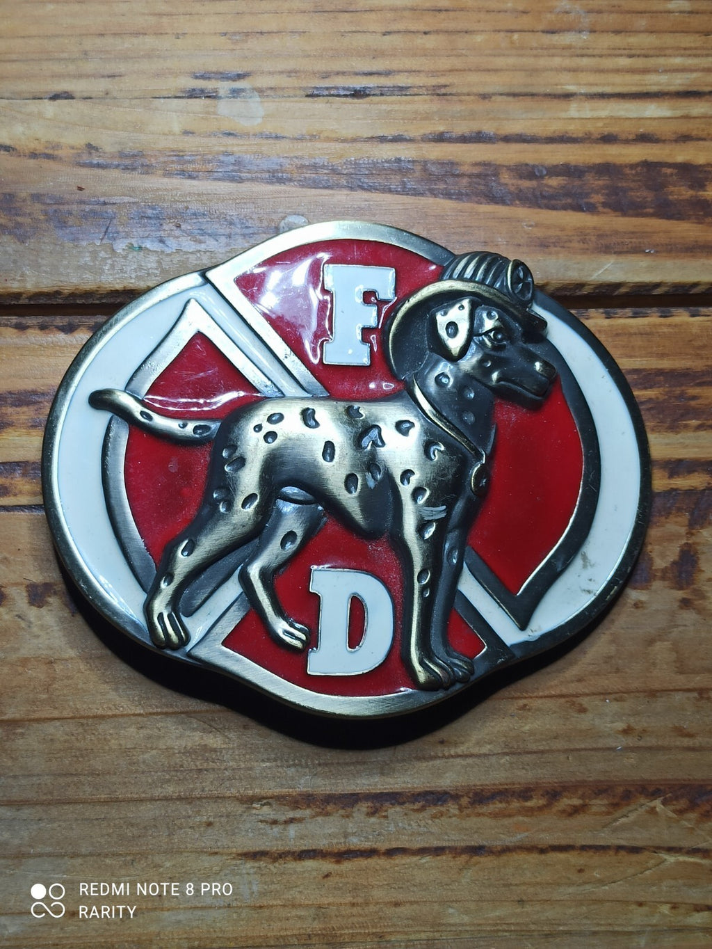 Boucle de ceinture vintage FD dalmatien pompier USA émaillée rouge