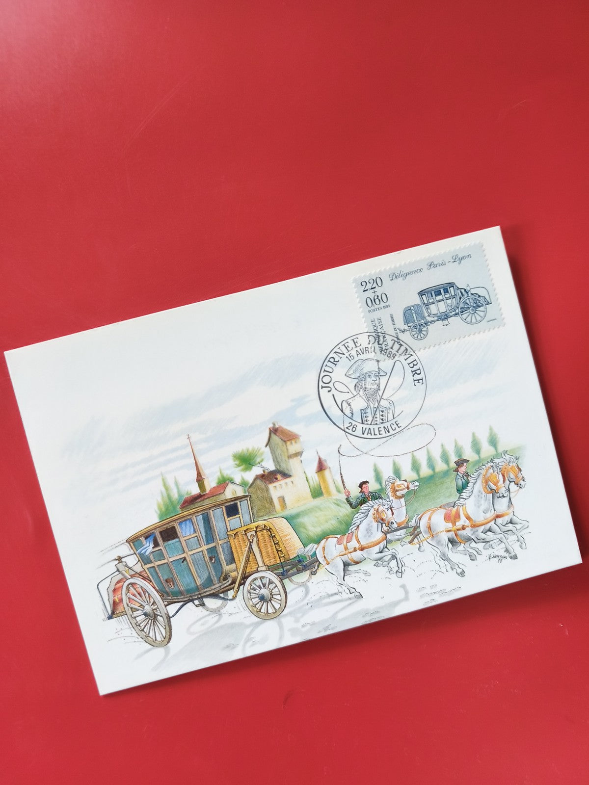 Carte postale philatélie diligence Paris-Lyon timbre illustré chevaux