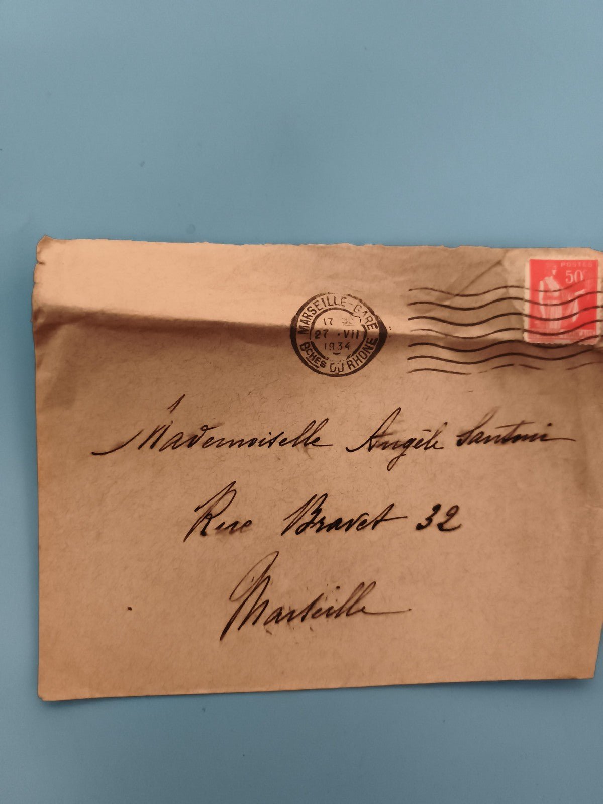 Lettre oblitérée Marseille 1934 timbre 50c philatélie adressée manuscrite (Ref 3