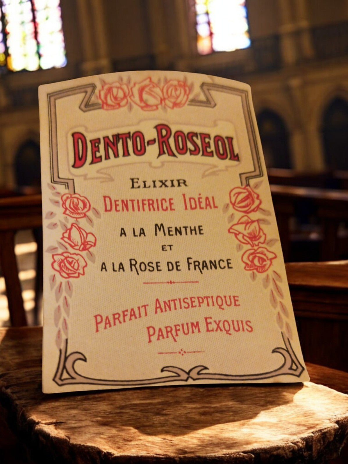 Étiquette publicitaire vintage Dento-Roseol élixir dentifrice, déco rétro pharma