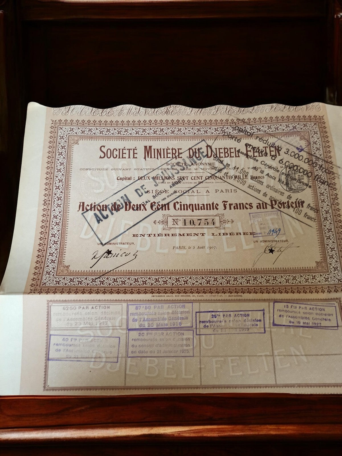 Action ancienne Société Minière Djebel Felten 1907 document financier vintage