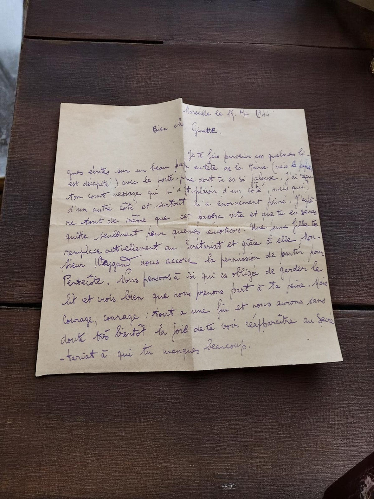 Lettre manuscrite 1944 Marseille correspondance intime guerre papier ancien