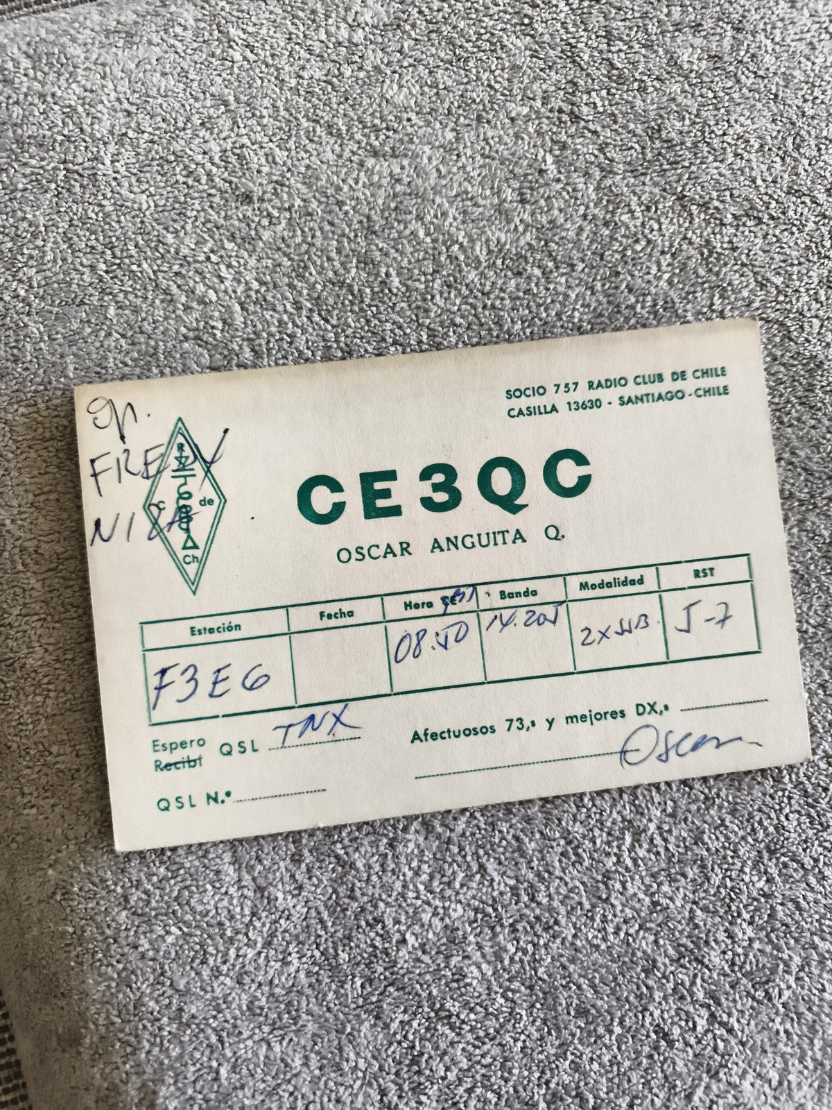 Carte QSL radioamateur CE3QC Oscar Anguita Chili ancienne QSL radio vintage
