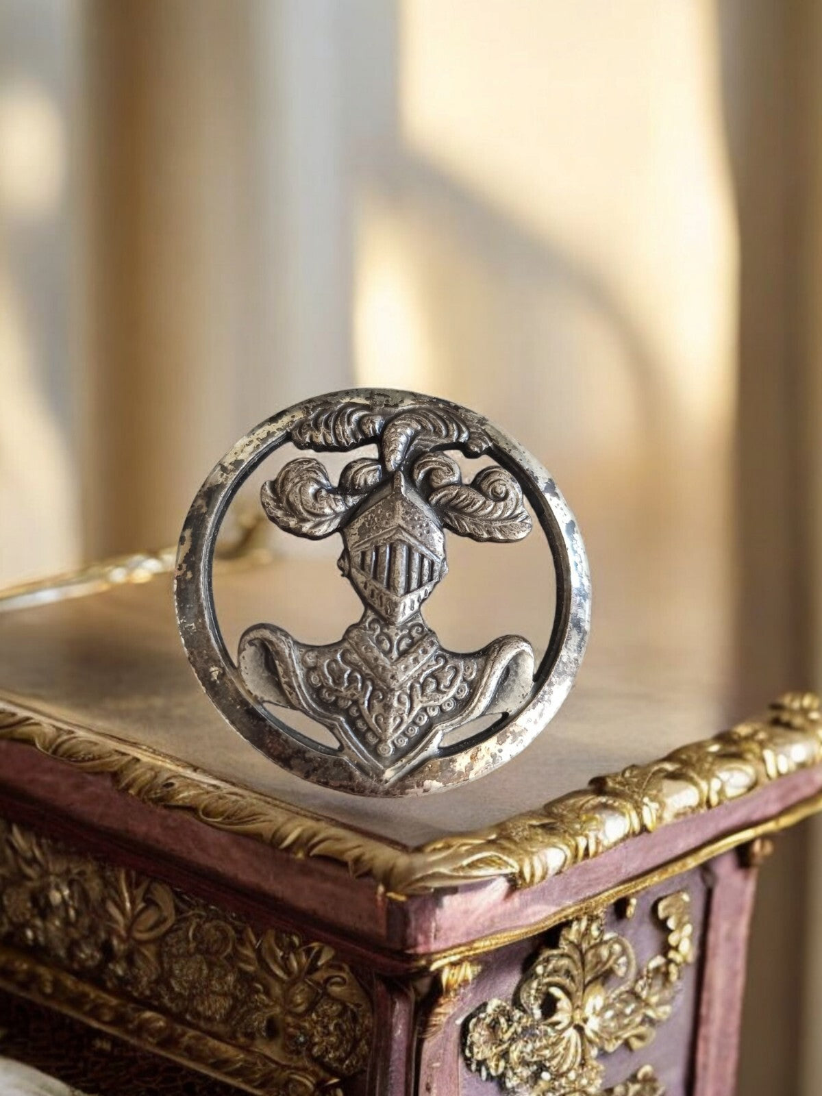 Plaque héraldique chevalier blason armure style médiéval décor métal
