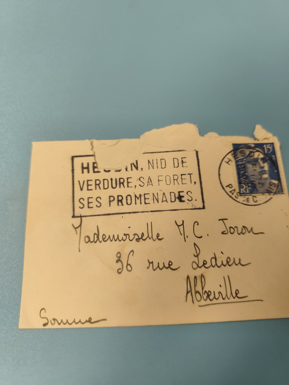 Ancienne enveloppe oblitérée début XXe, timbre Marianne bleu, philatélie rare