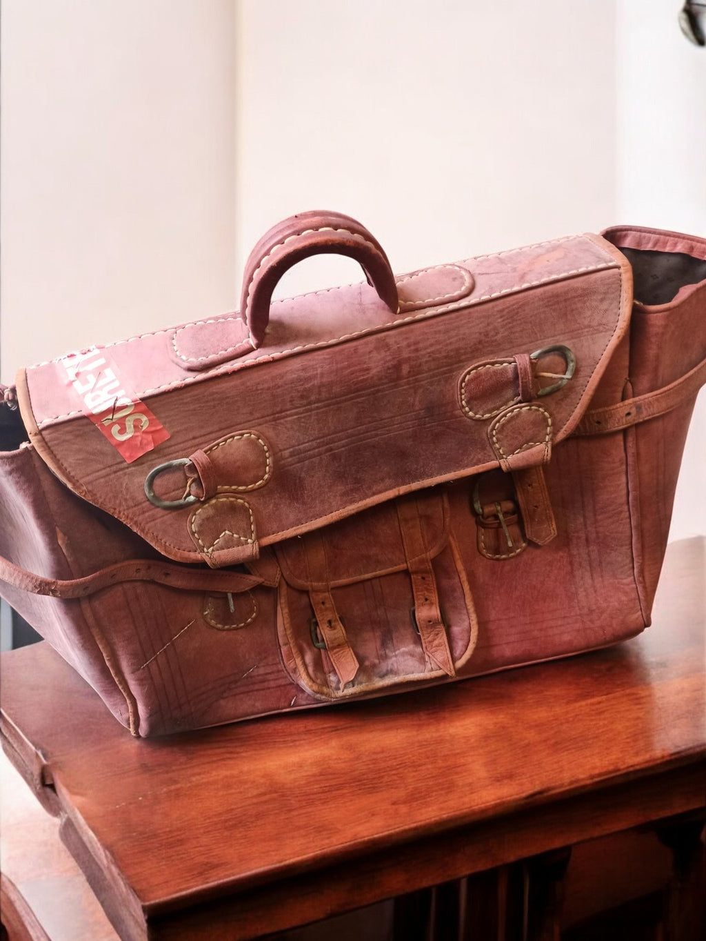 Cartable ancien cuir marron grand format sac vintage rétro scolaire