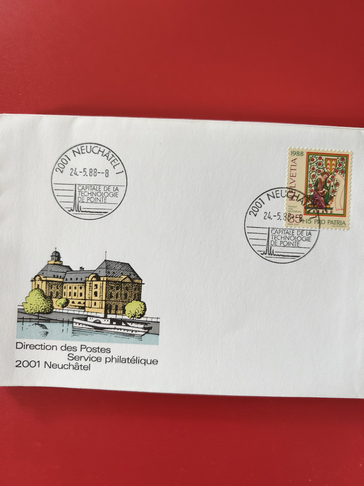 Enveloppe philatélie Neuchâtel 1988 avec timbre Helvetia et cachet illustré