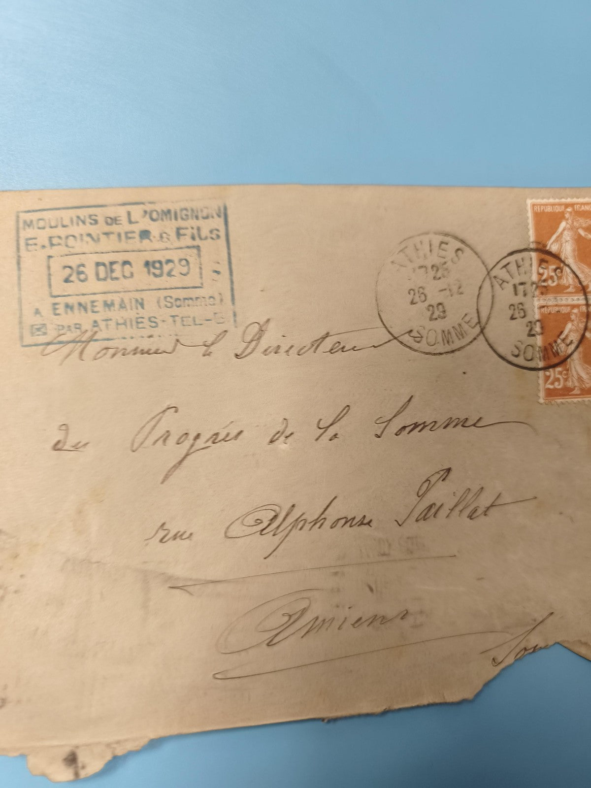 Ancienne enveloppe oblitérée 1929 philatélie Somme timbre 25c vintage