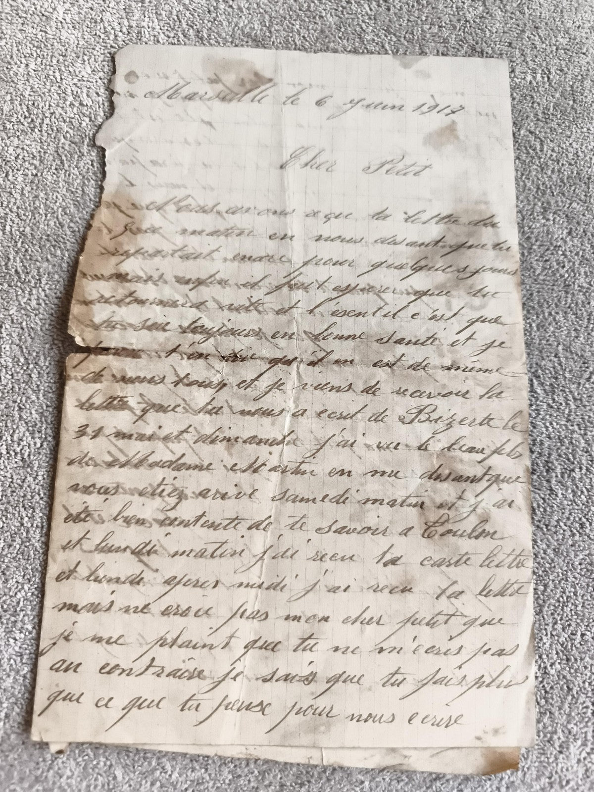 Lettre manuscrite ancienne 1917 WW1 Marseille papier quadrillé encre d’époque