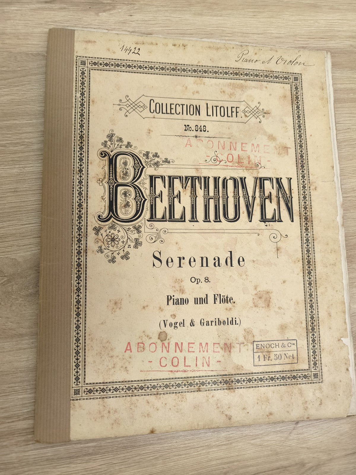 Ancien livre partitions Beethoven Collection Litolff piano flûte Op.8 vintage