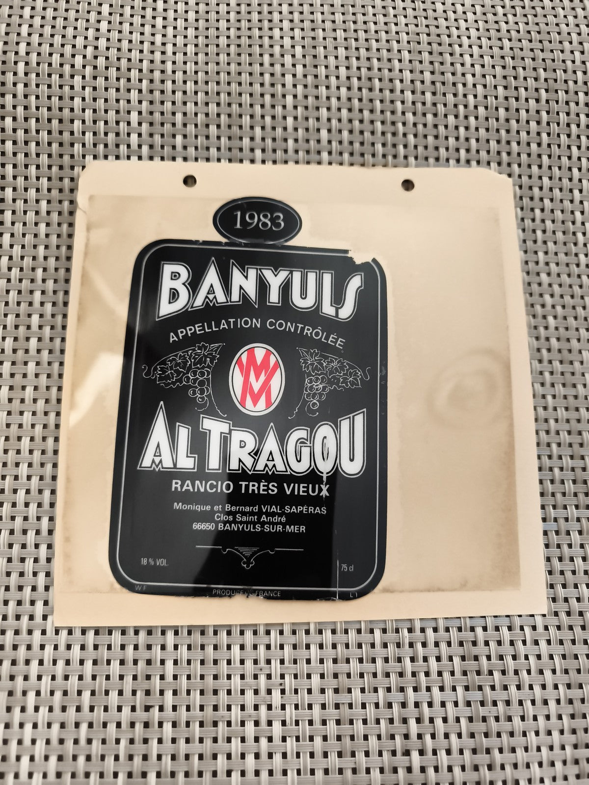 Étiquette vin Banyuls 1983 Al Tragou Rancio très vieux Clos Saint André