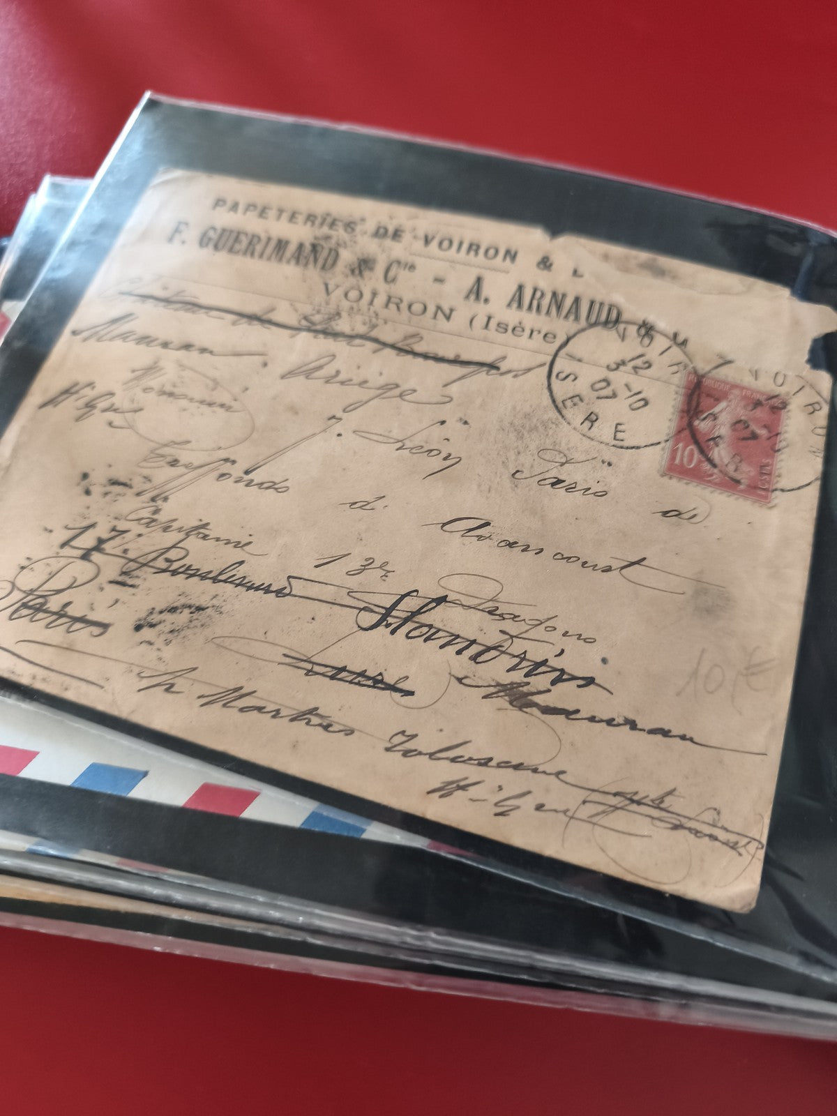 Ancienne enveloppe oblitérée France timbre rouge 10c, papeterie Voiron philatéli