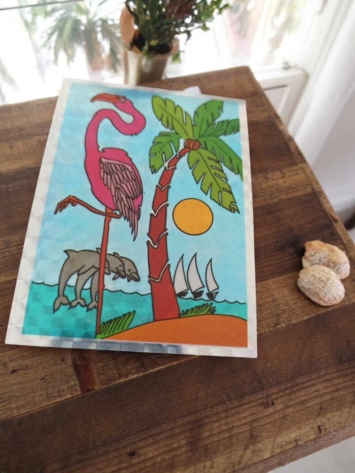 Autocollant Panini vintage flamant rose palmier holographique rare