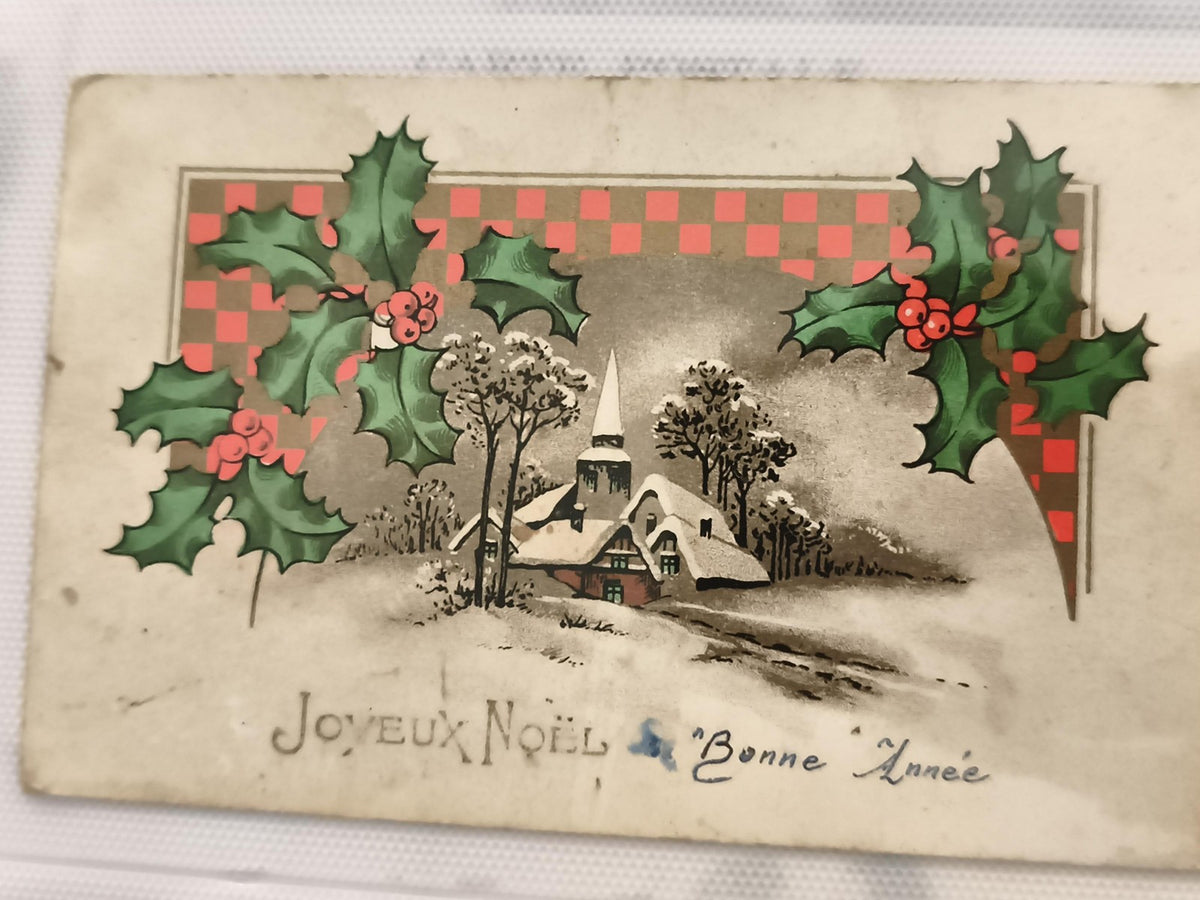 Carte postale ancienne Noël hiver houx Joyeux Noël Bonne Année CPA vintage