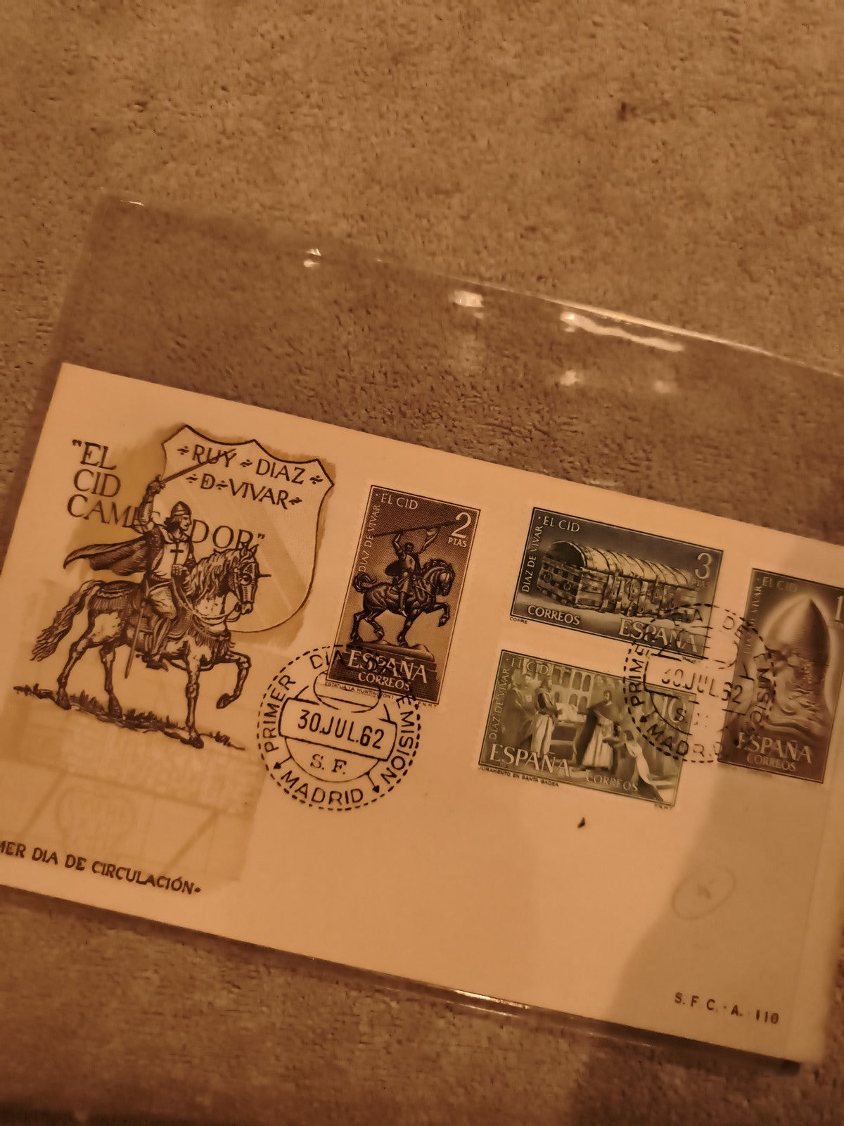 Lettre premier jour Espagne 1962 El Cid 4 timbres Madrid philatélie (Ref 1)