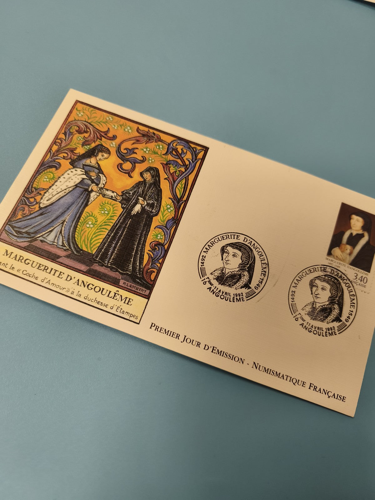 Enveloppe FDC Marguerite d?Angoulême premier jour, illustration colorée