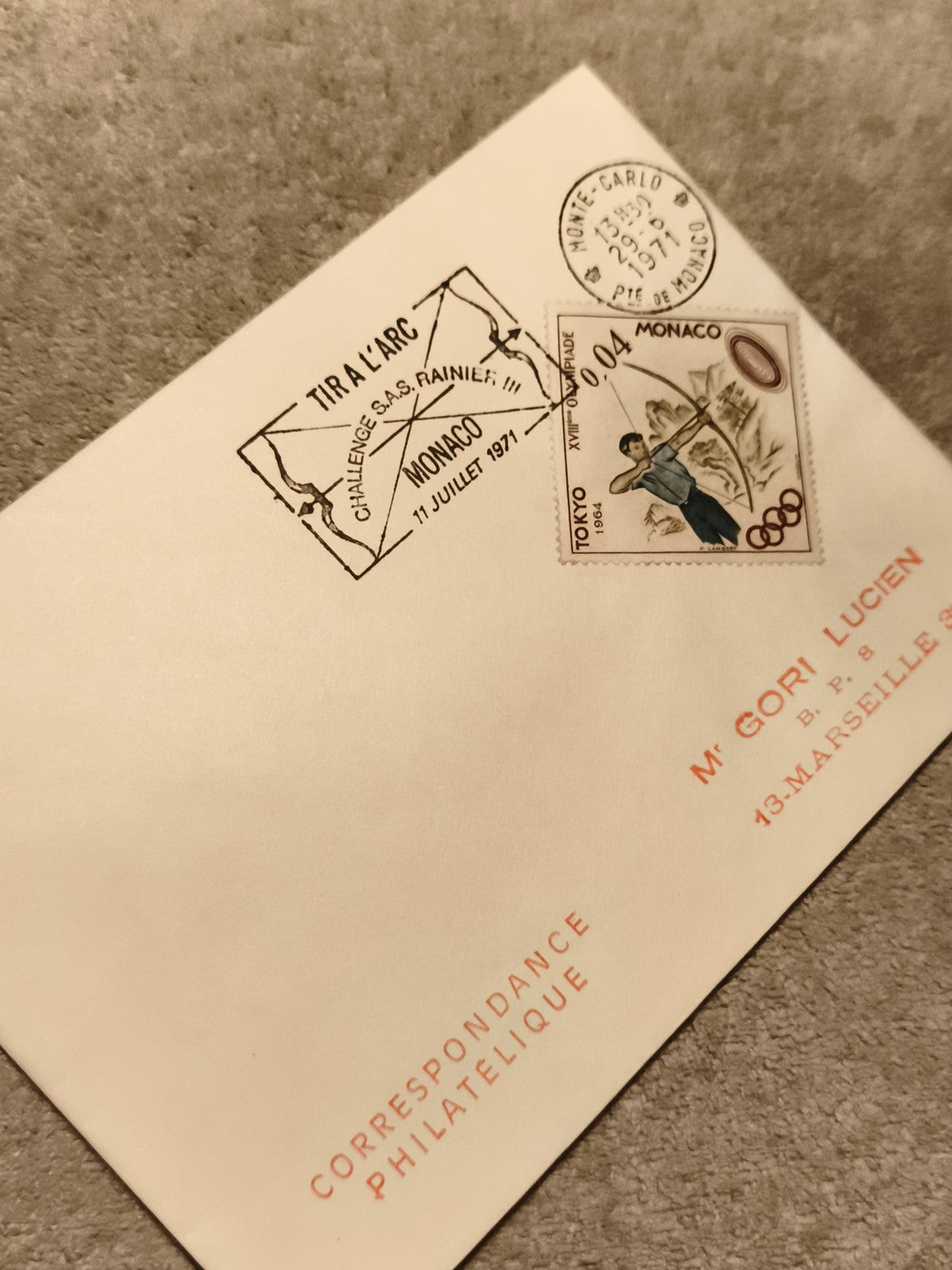 Lettre premier jour Monaco 1971 tir à l’arc JO Tokyo timbre 0,04 philatélie