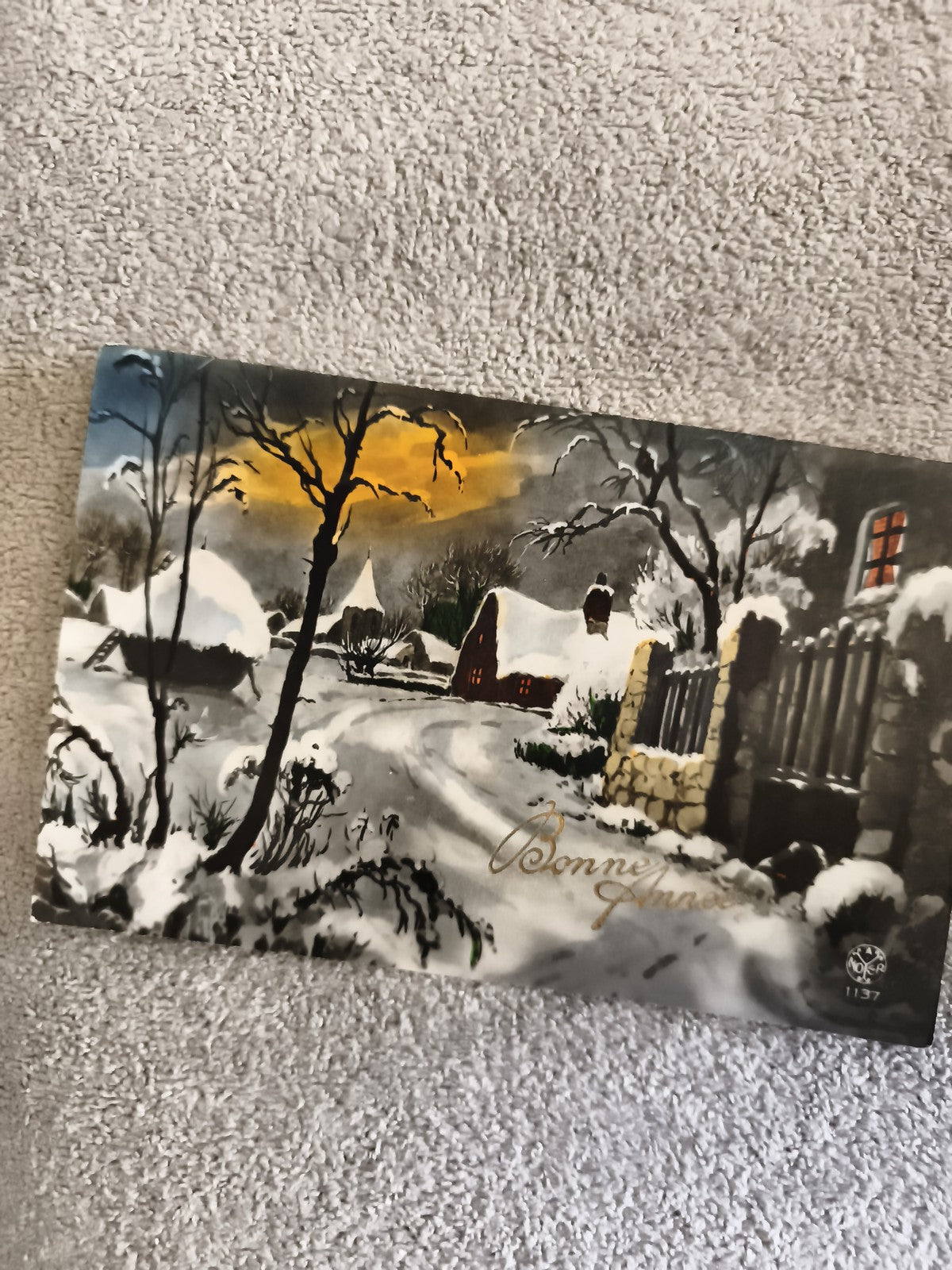 CPA Bonne Année paysage neige hiver illustré coucher de soleil