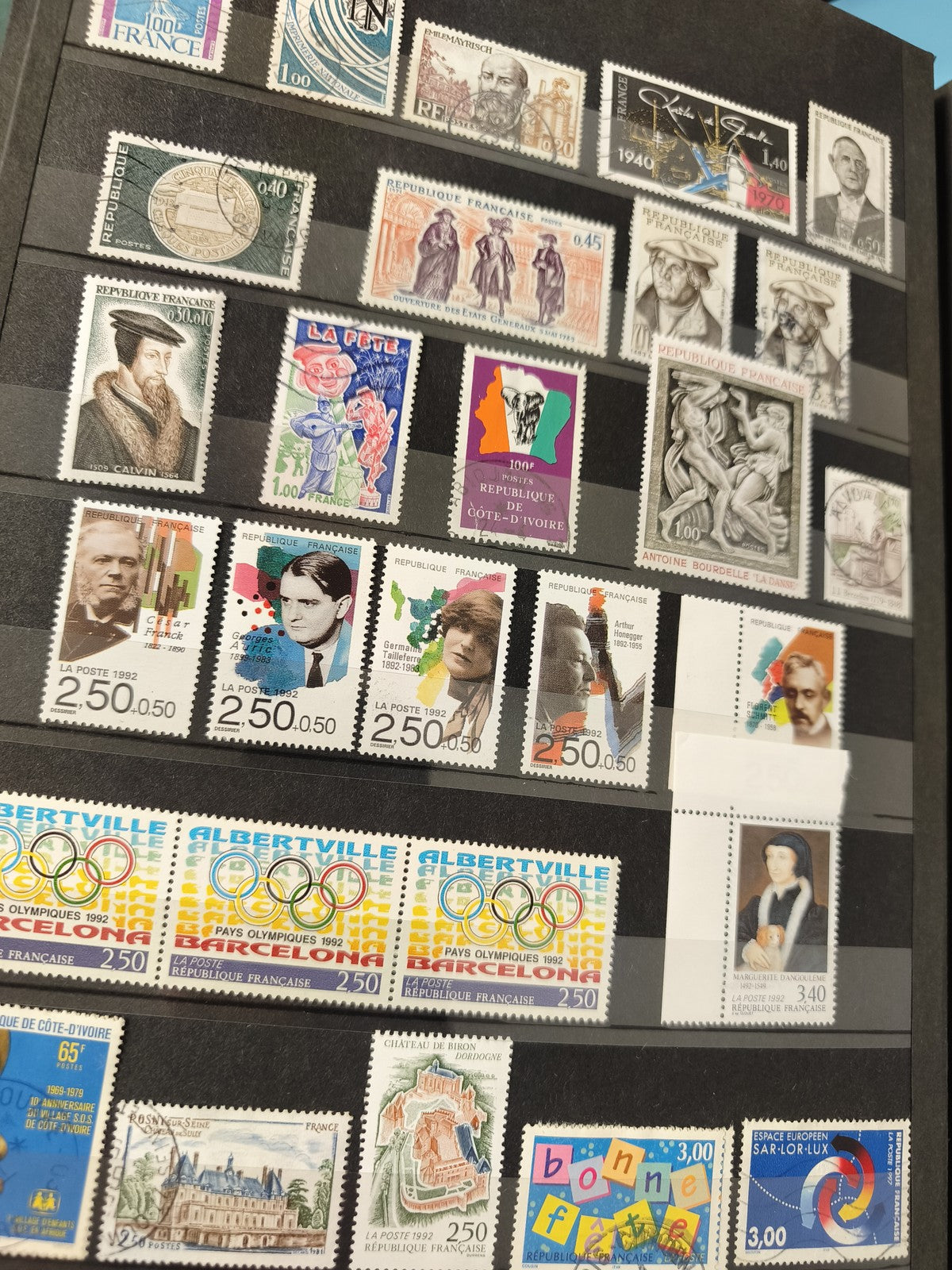 Lot anciens timbres oblitérés France, personnages célèbres, thématiques variées