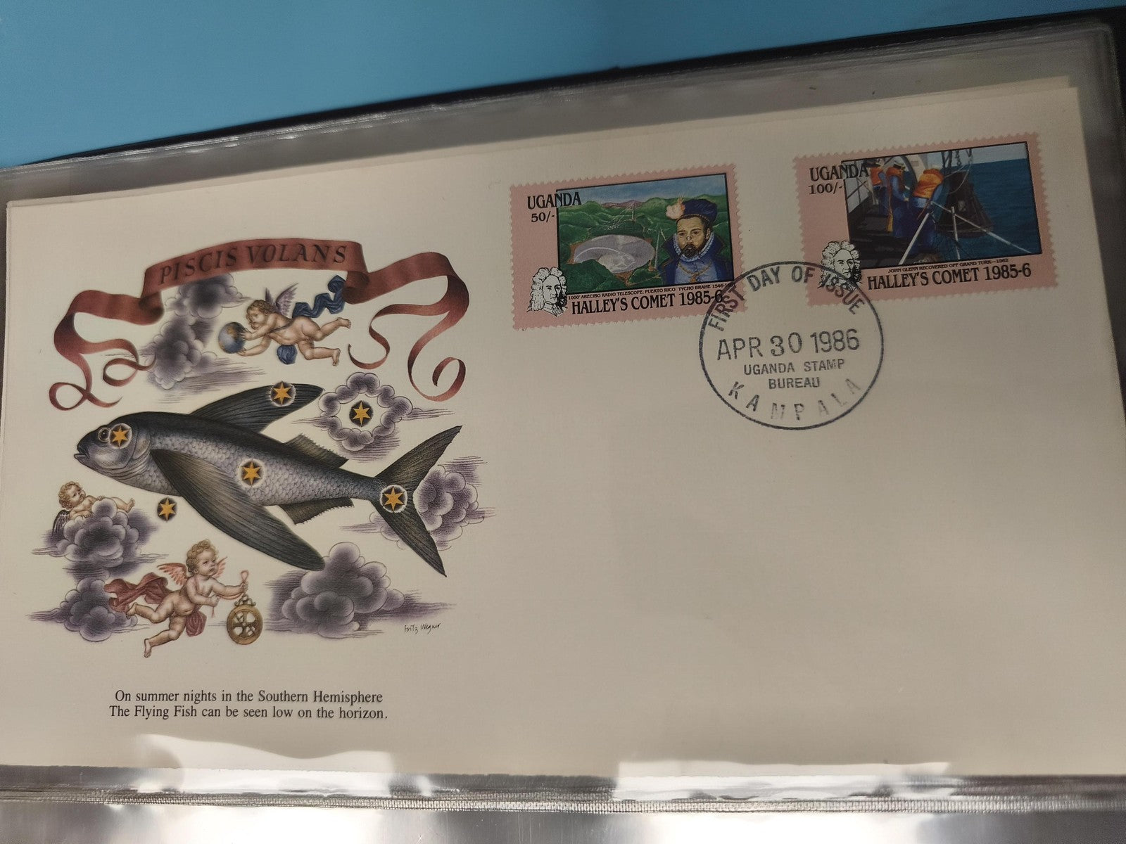 Enveloppe premier jour FDC Uganda 1986 Halley's Comet, illustration poisson vola