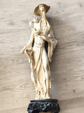 Statue vintage asiatique en résine, sage chinois, socle noir, grande figurine dé