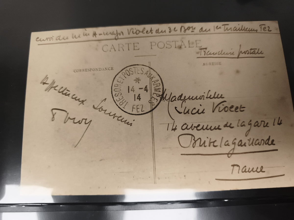 Carte postale écrite 1914 Fez Maroc oblitérée philatélie souvenir manuscrit