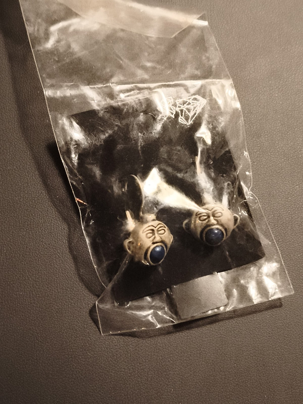 Paire de boucles d'oreilles vintage visage stylisé bleu, deadstock ancien magasi