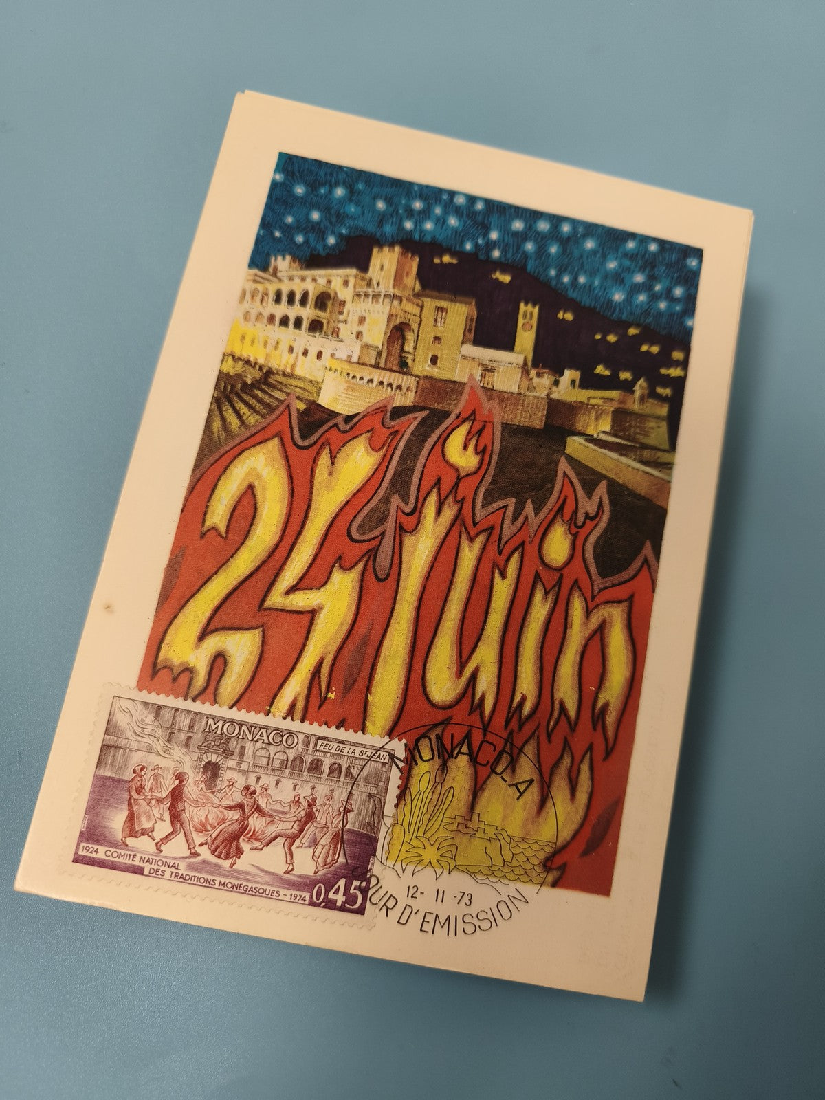 Carte postale Monaco 25 Juin Feu de la Saint-Jean timbre 1973 illustration color