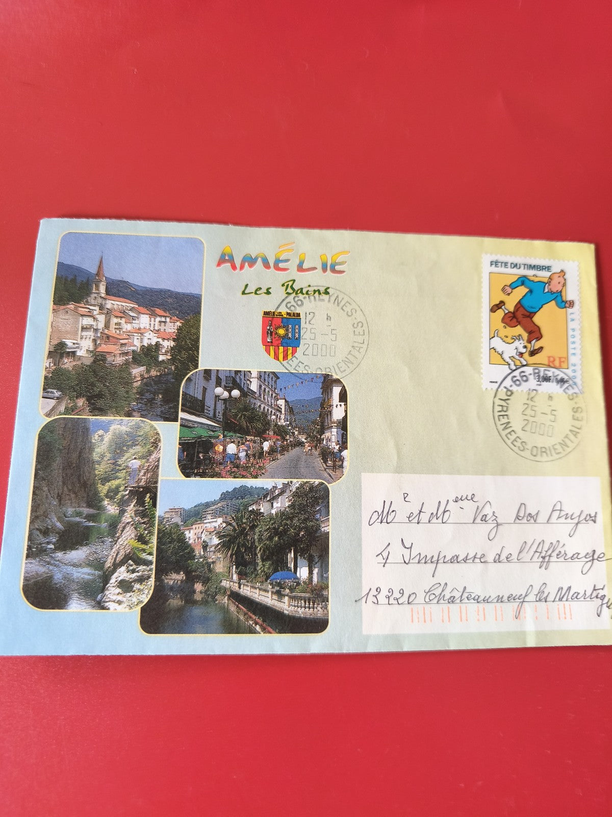 Enveloppe philatélie Amélie-les-Bains avec timbre Tintin et cachet 2000