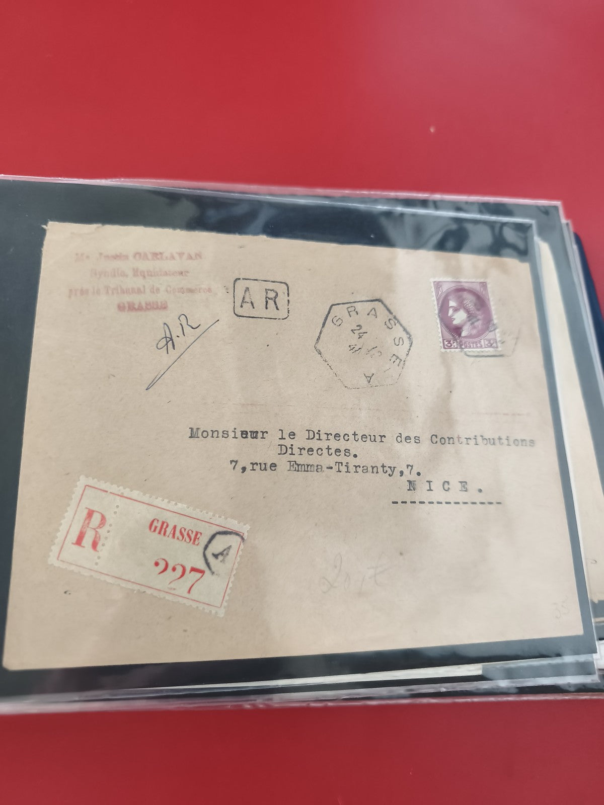 Ancienne enveloppe oblitérée Grasse cachet AR timbre violet philatélie collectio