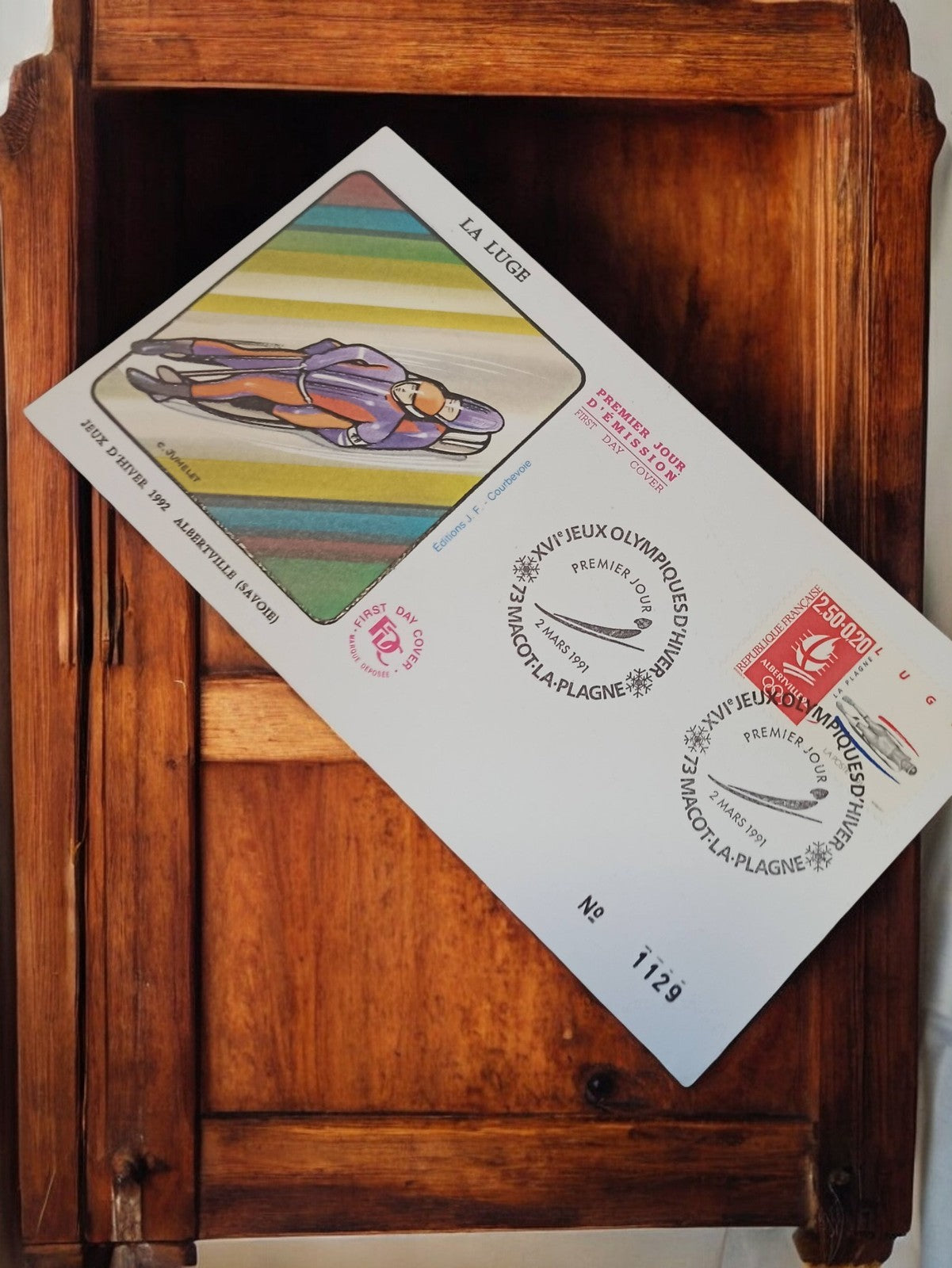Enveloppe premier jour Jeux Olympiques Albertville 1992 luge vintage philatélie