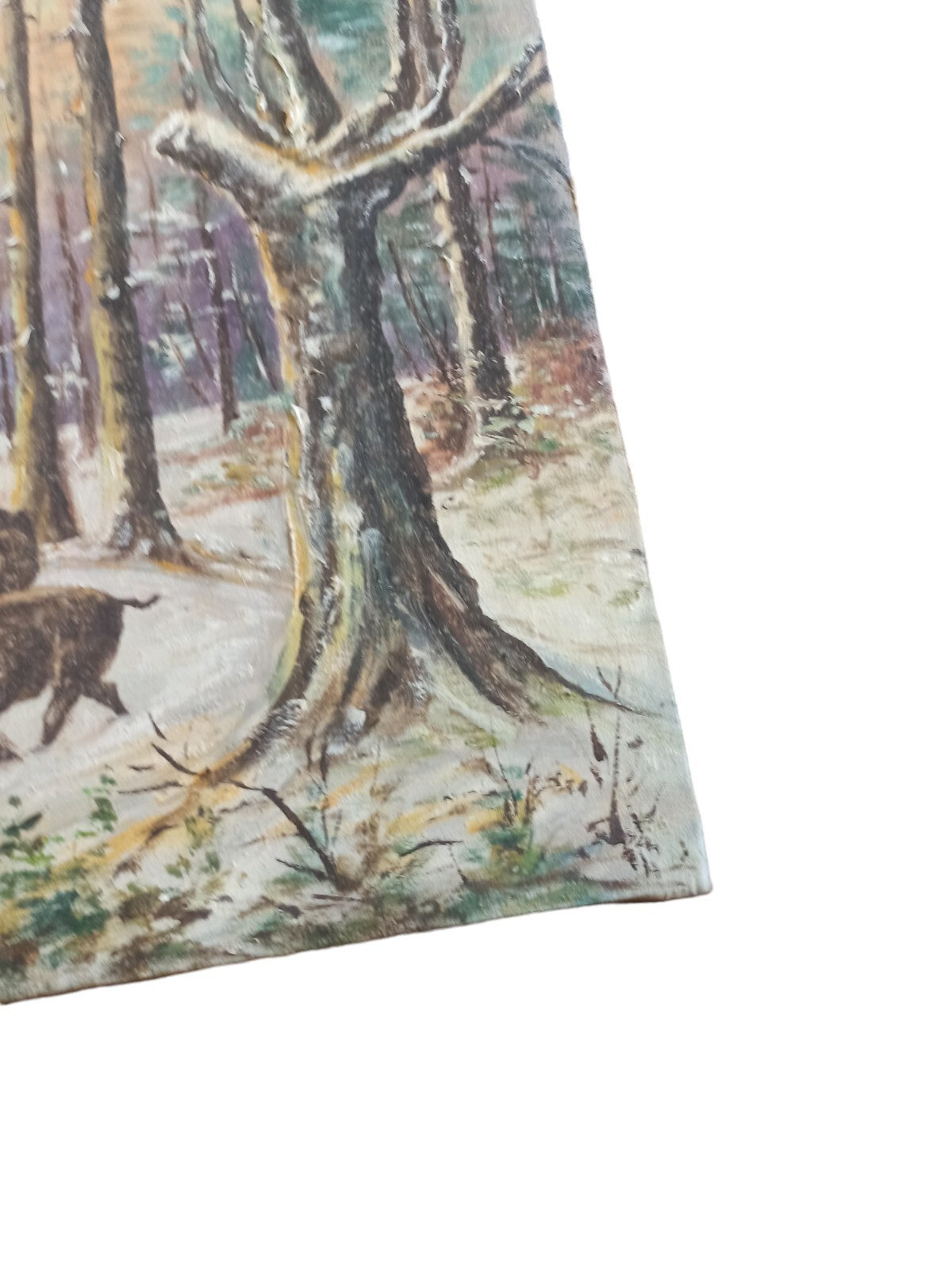 Tableau original signé A. Mottie sangliers forêt neige, peinture scène hivernale