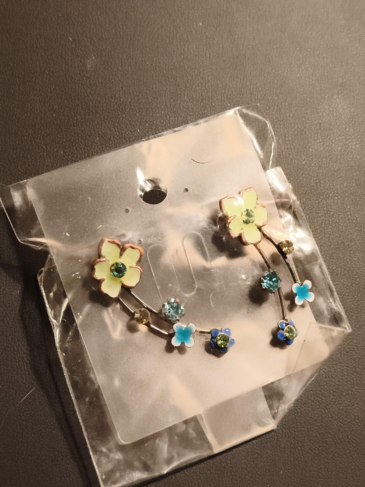 Boucles d’oreilles vintage fleurs émaillées pierres bleu vert deadstock fantaisi