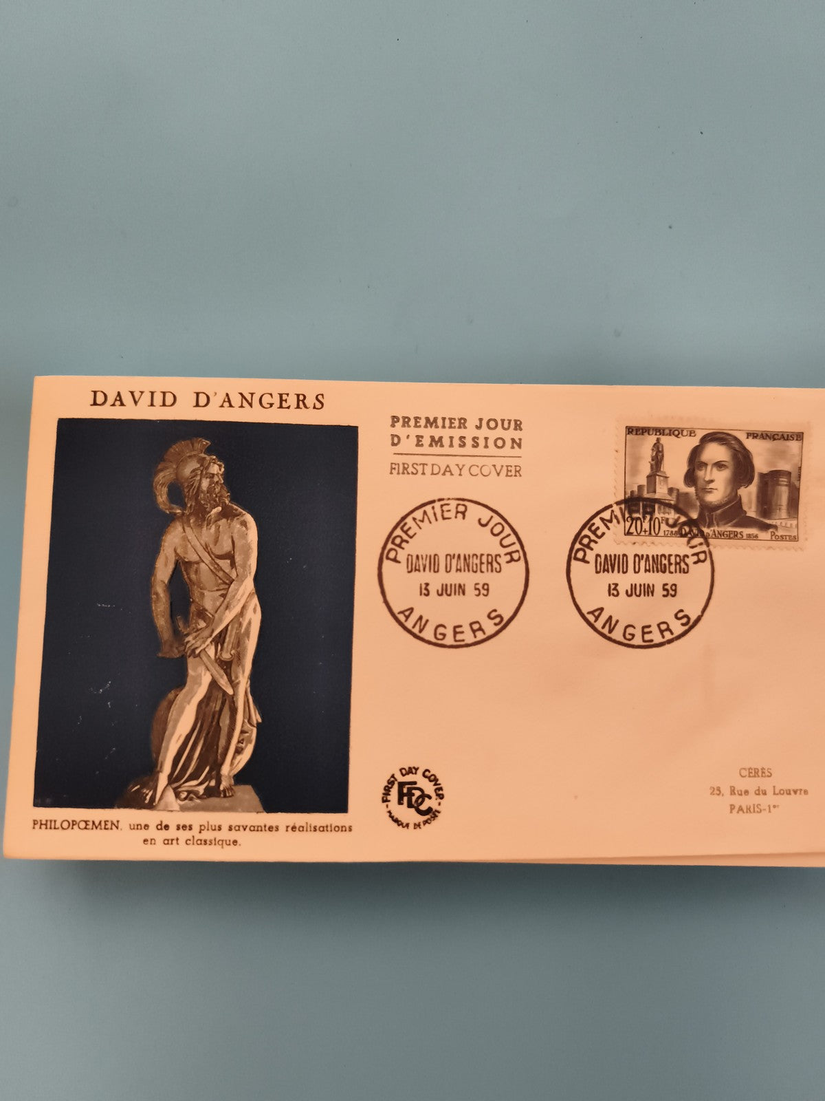 Lettre Premier Jour David d’Angers 1959 Philopœmen timbre Angers FDC Philatélie