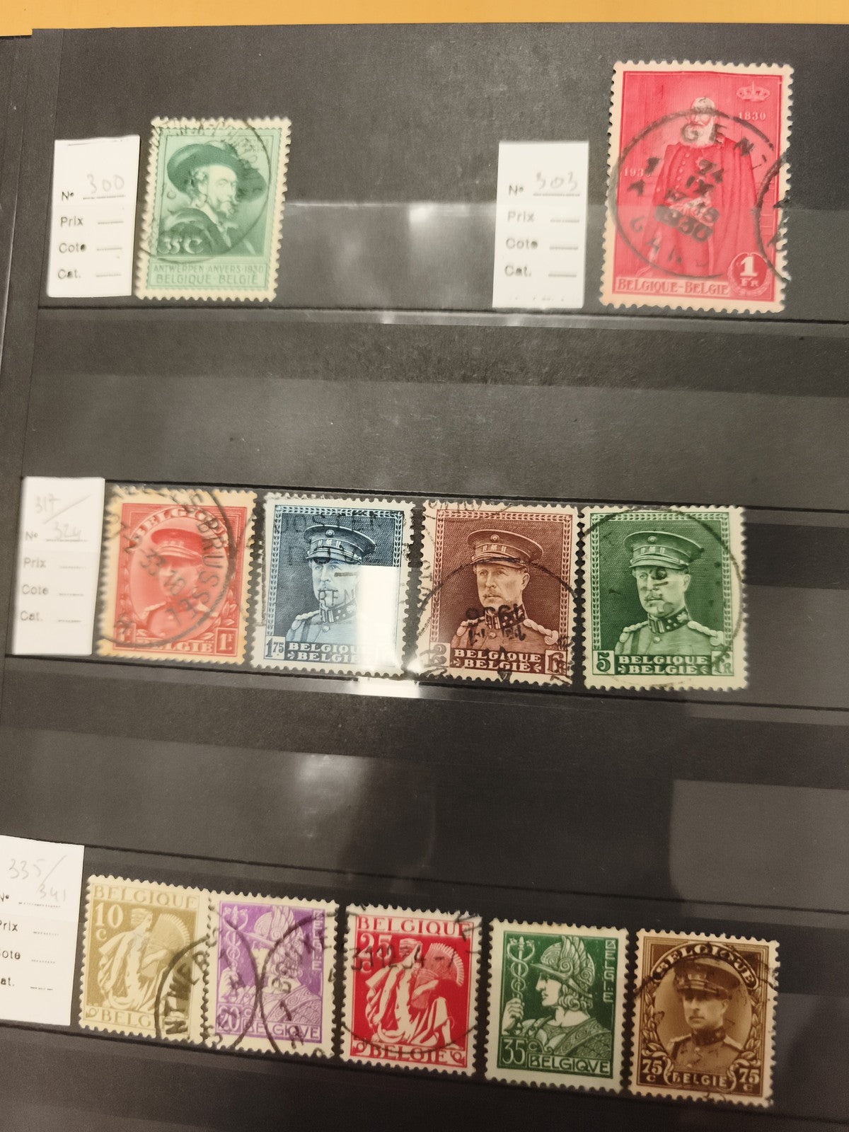 Timbres oblitérés Belgique lot x10 portraits rois, artistes, années 1930-40