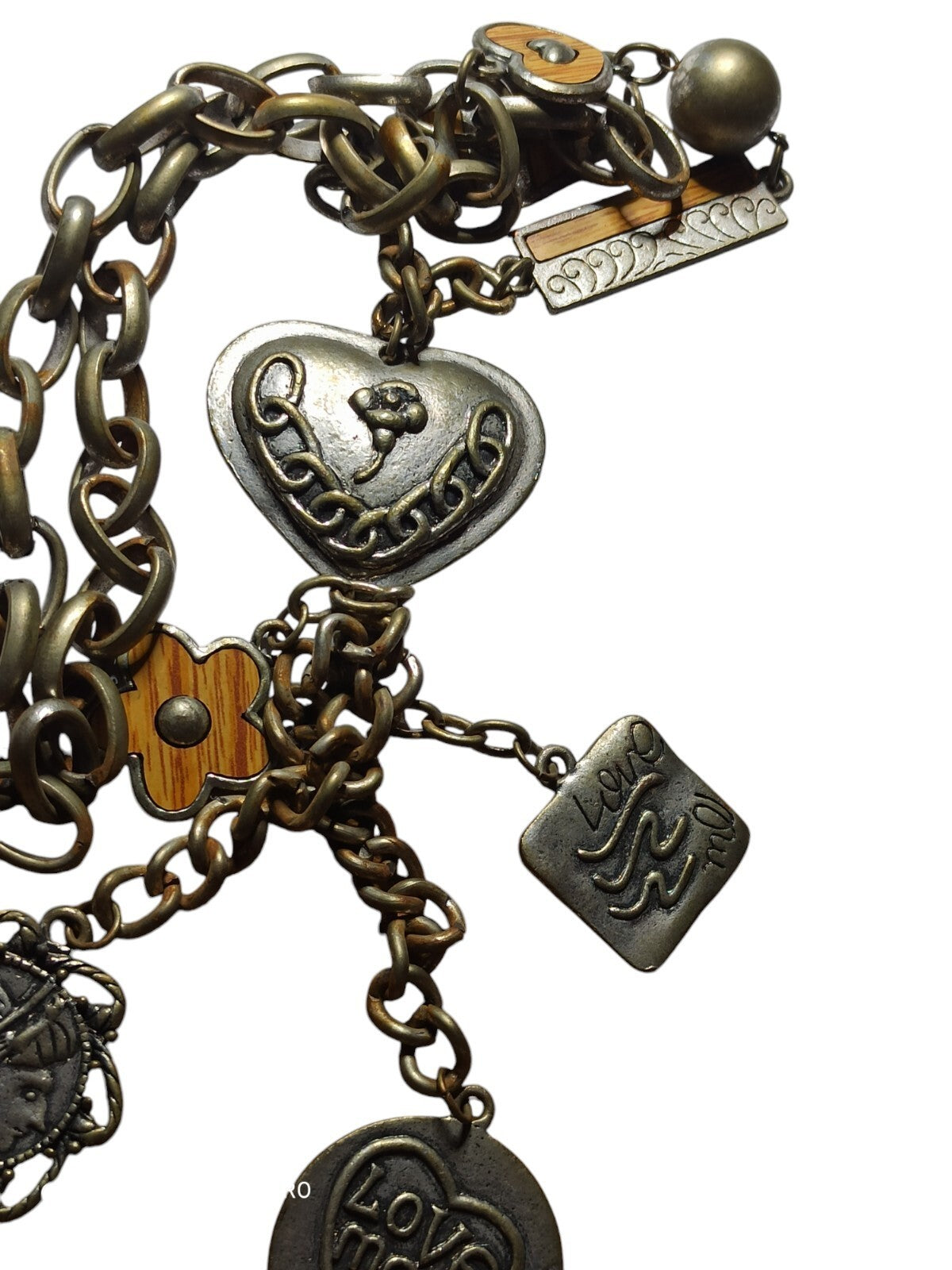 Collier fantaisie breloques Love Me cœur médaillon chaîne aspect vieilli