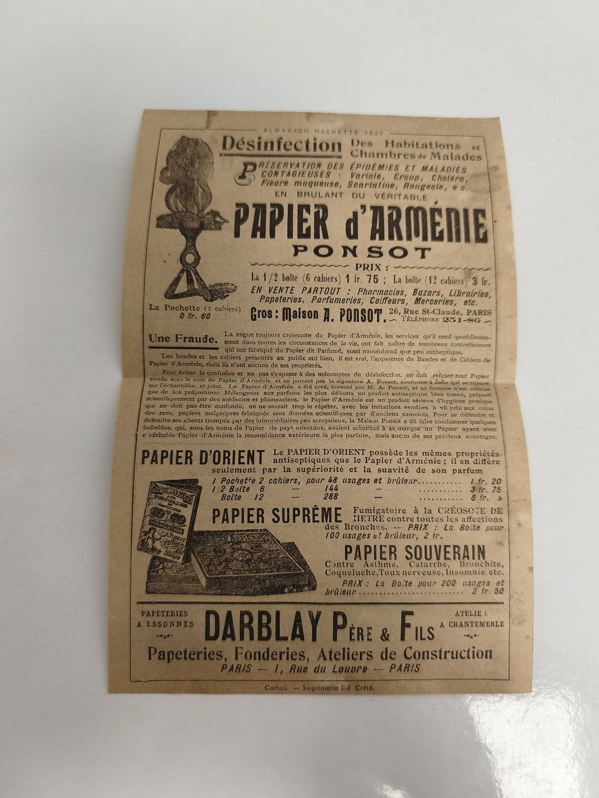 Ancienne affiche publicitaire Papier d'Arménie Ponsot Paris XIXe déco rétro