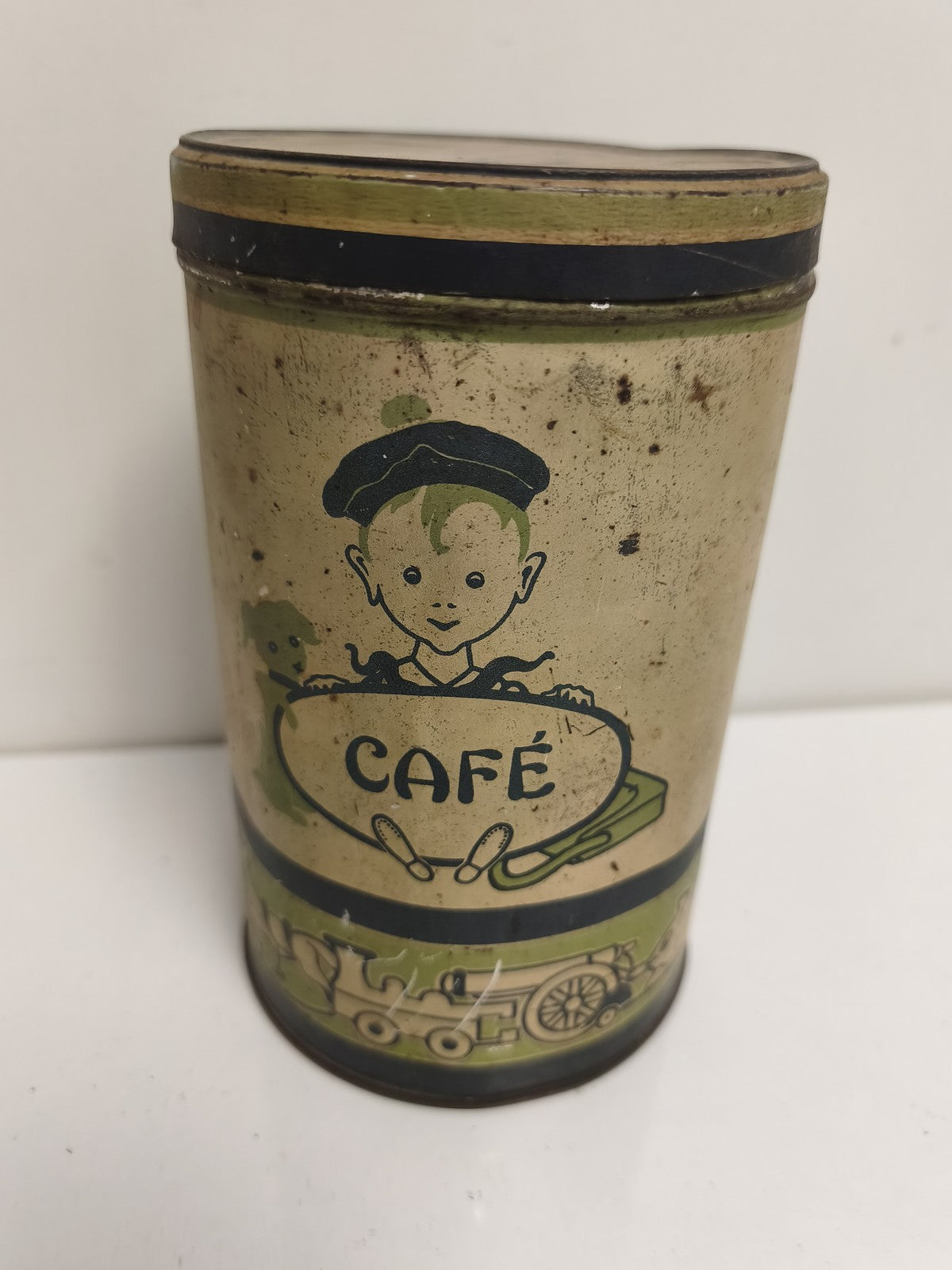 Ancienne boîte à café publicitaire vintage, décor enfant, métal lithographié