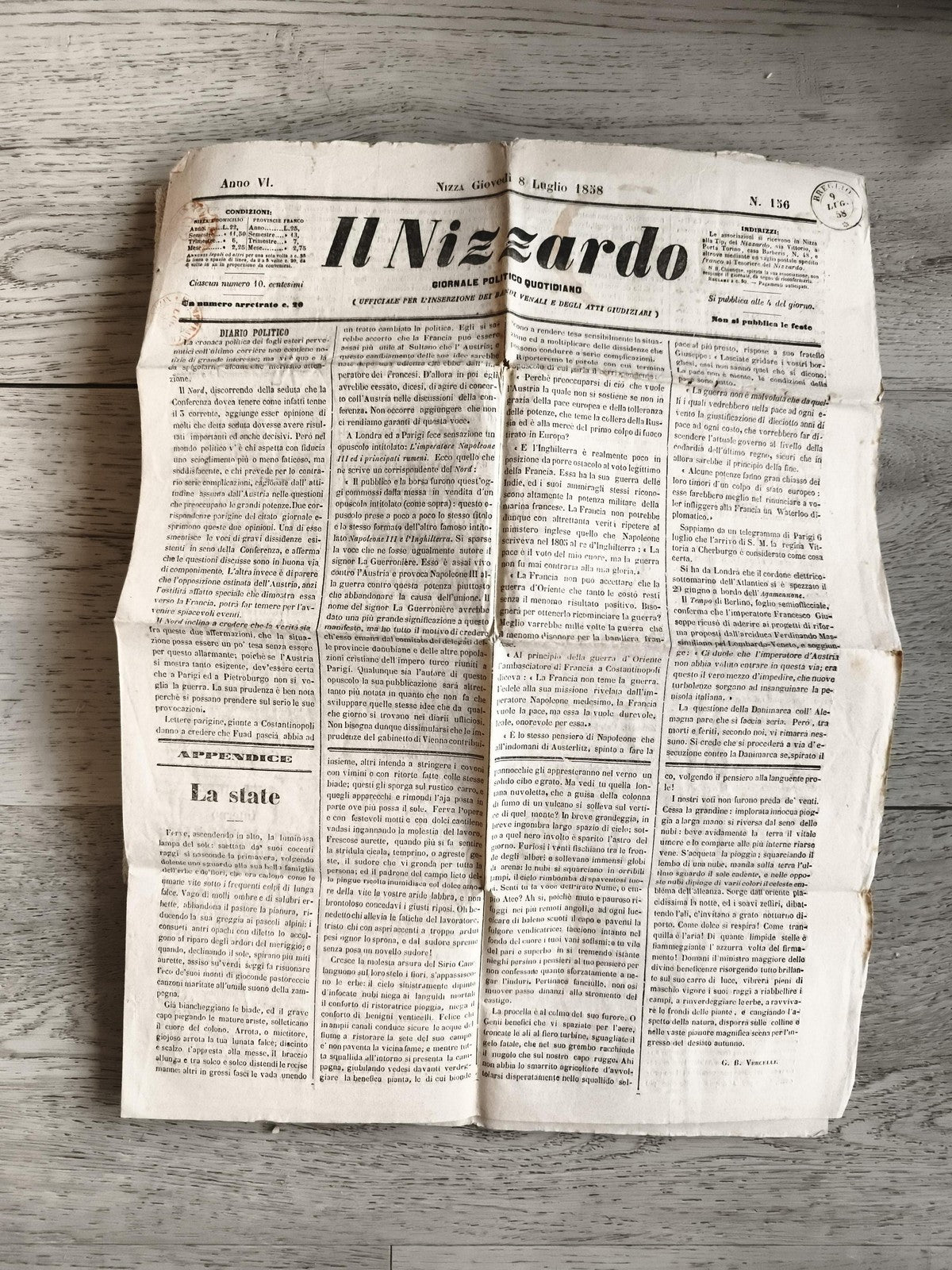 Journal ancien Il Nizzardo 1838 Nizza Nice presse italienne XIXe siècle