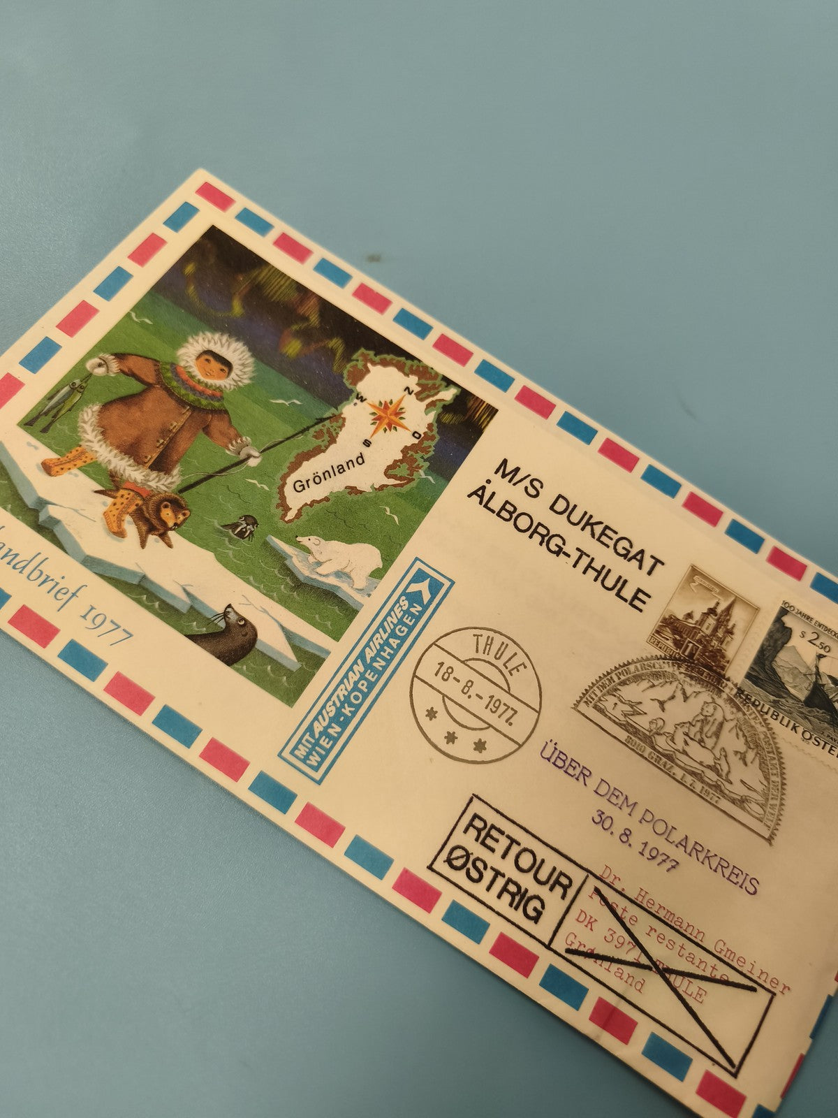 Ancienne enveloppe illustrée 1977 timbres oblitérés Groenland Thule retour Autri