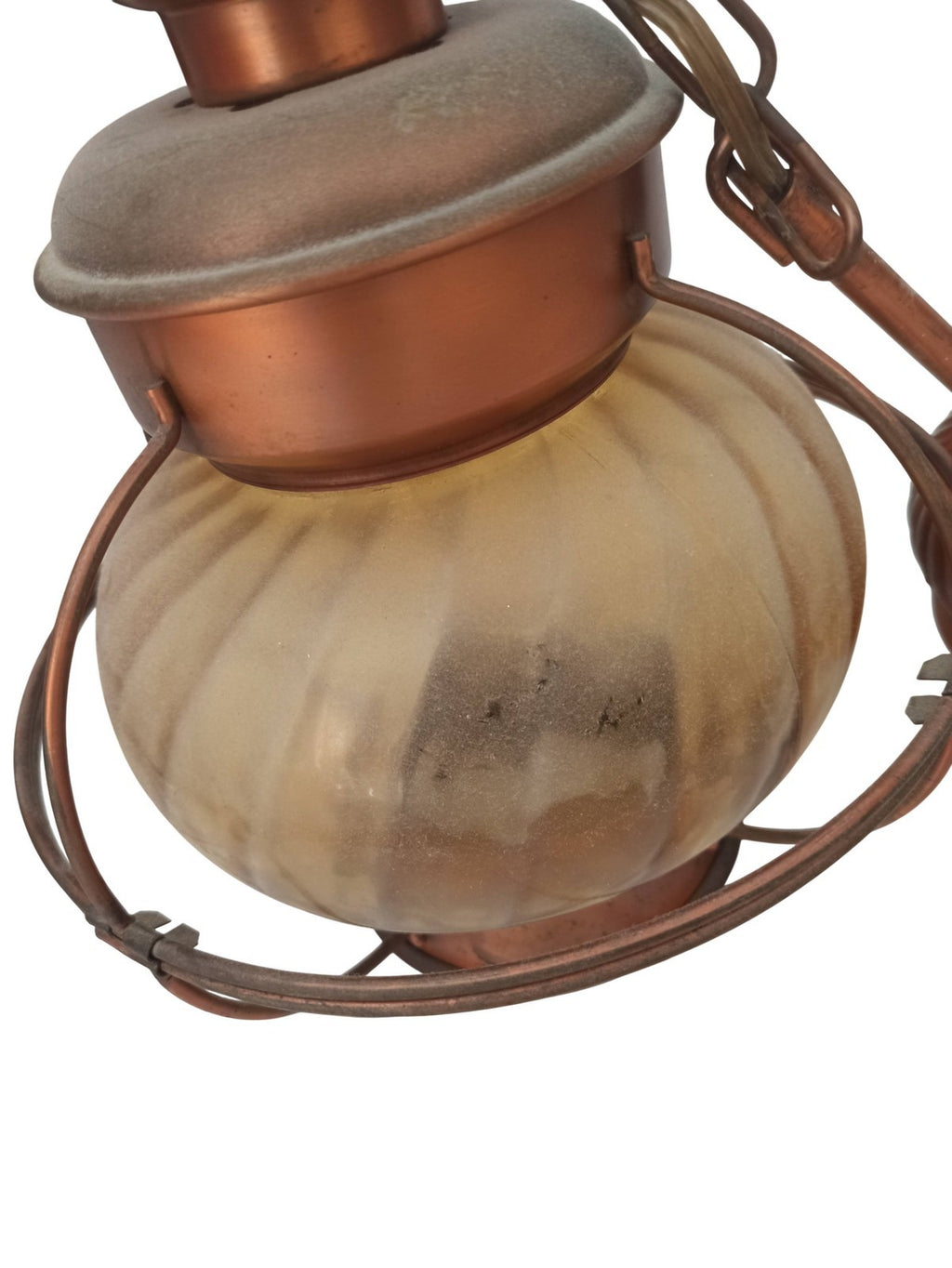 Suspension vintage globe verre dépoli cuivre, luminaire rétro ancien déco