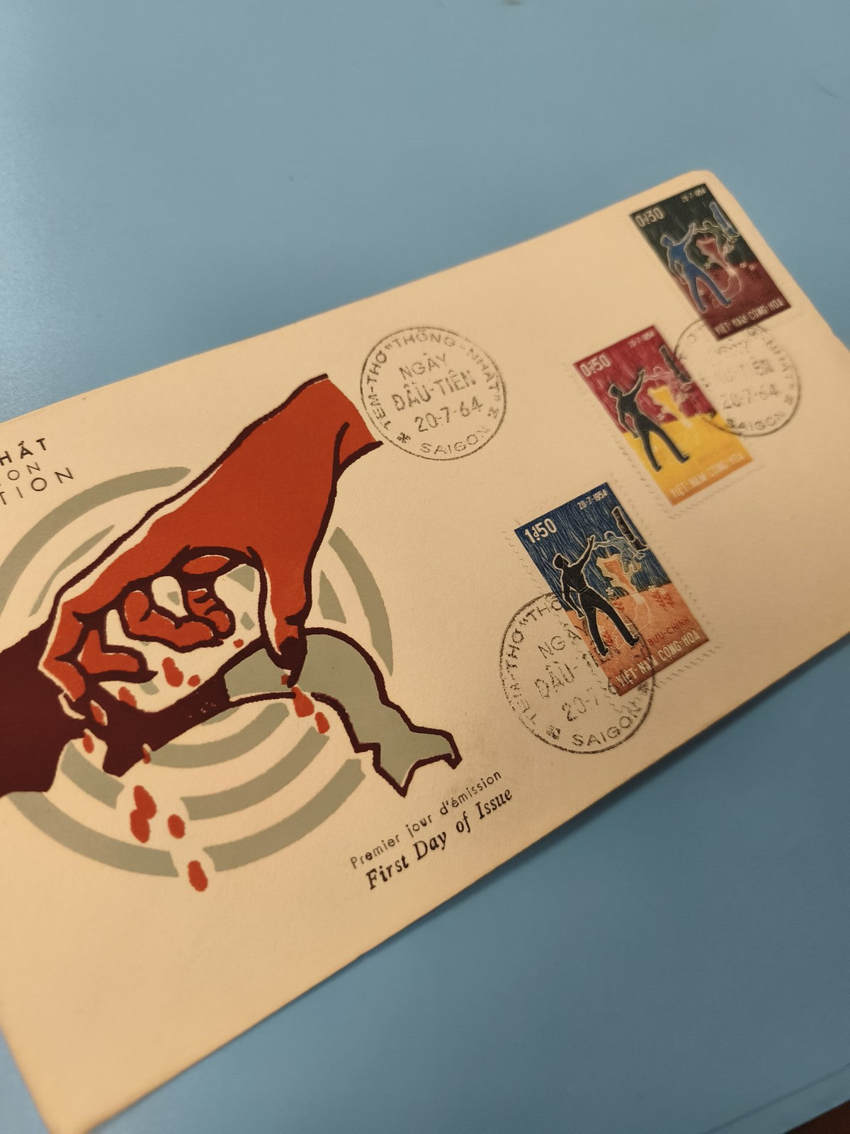 Ancienne enveloppe FDC Vietnam 1964 timbres illustrés, Premier Jour, guerre