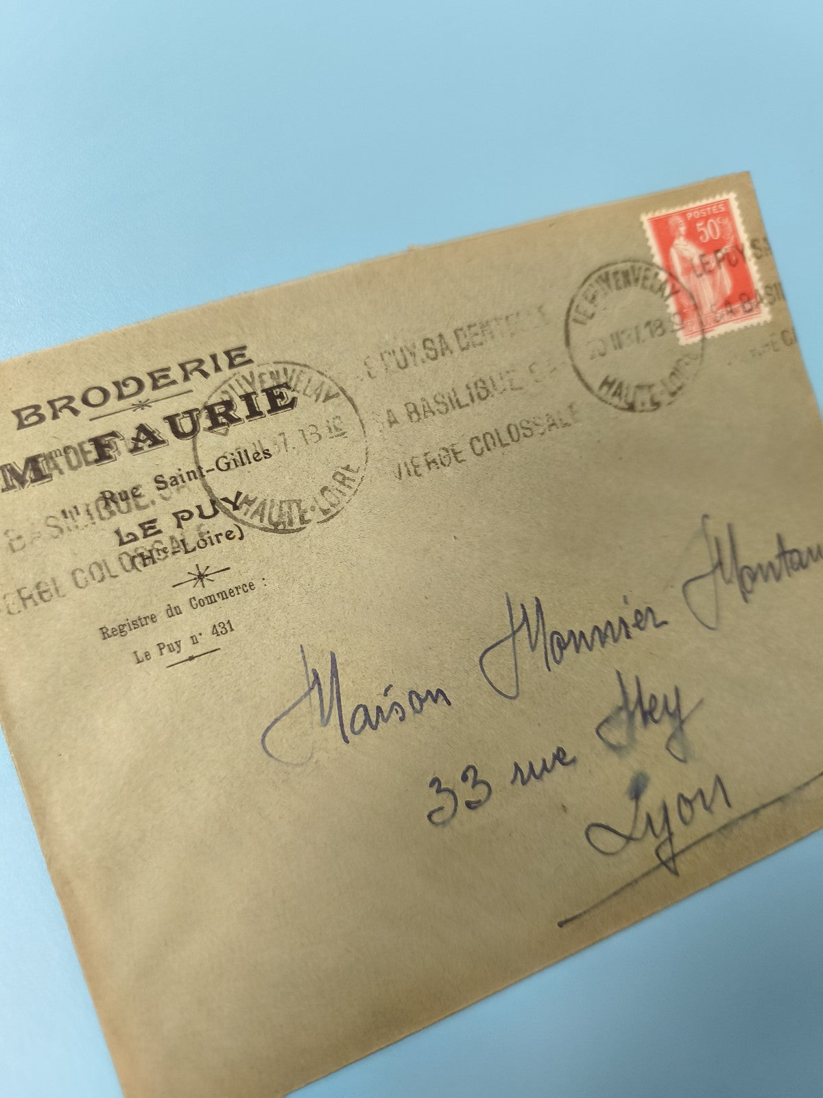Ancienne enveloppe oblitérée début XXe philatélie timbre 50c rouge France