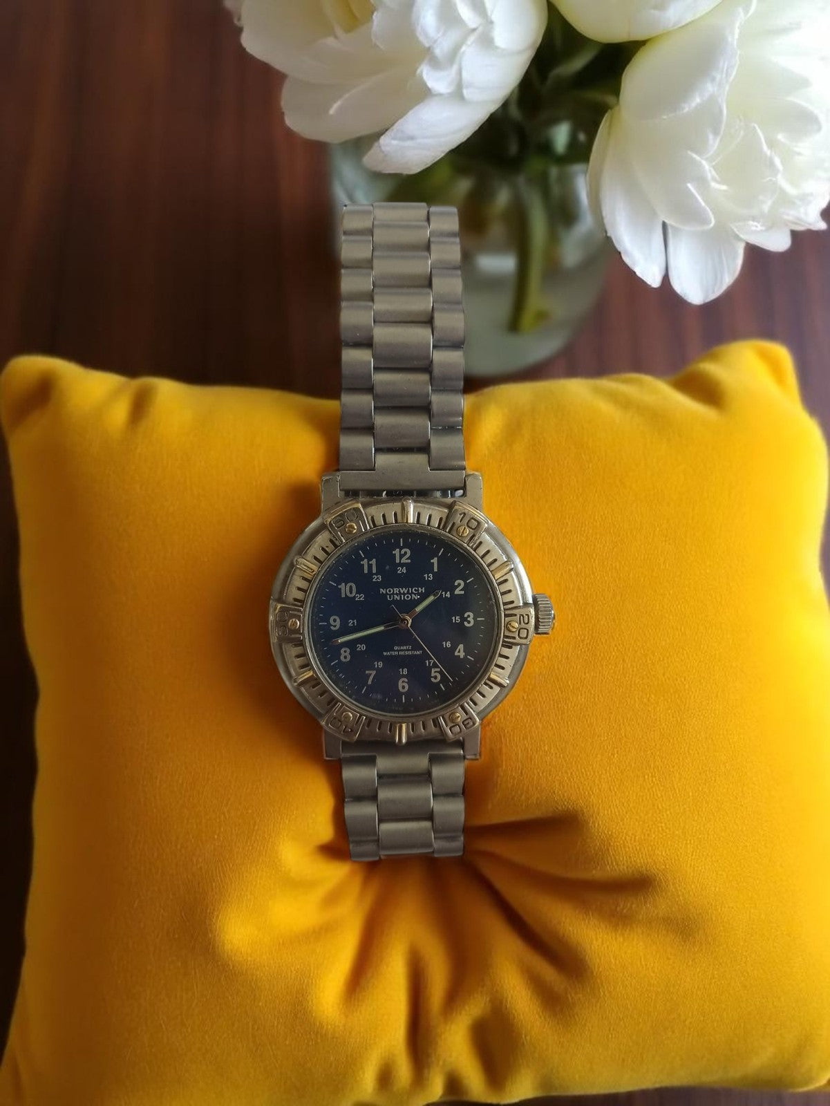 Montre homme vintage Norwich Union cadran bleu bracelet métal rétro