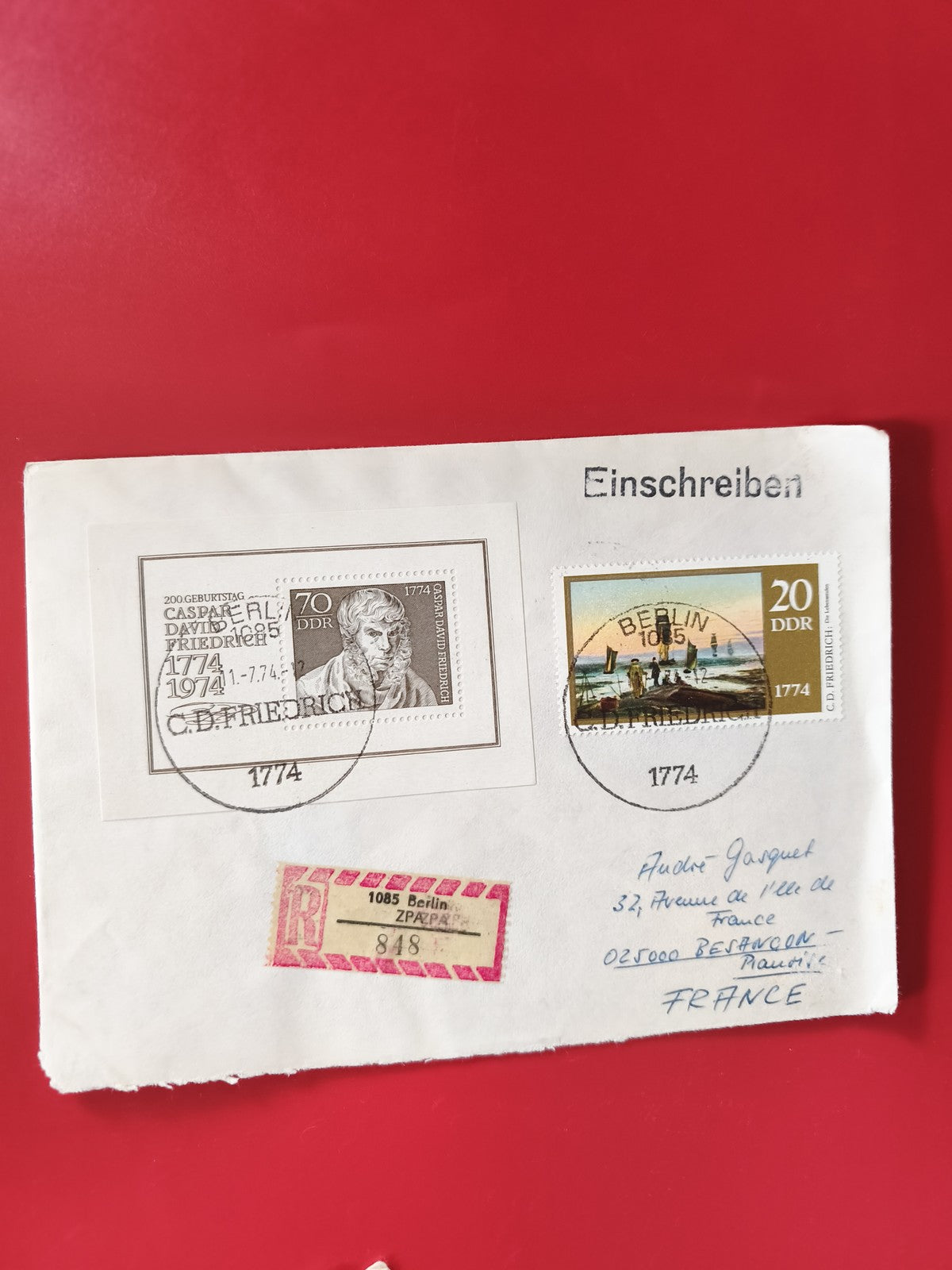 Enveloppe philatélie timbres DDR Friedrich 1974 oblitérée Berlin recommandée