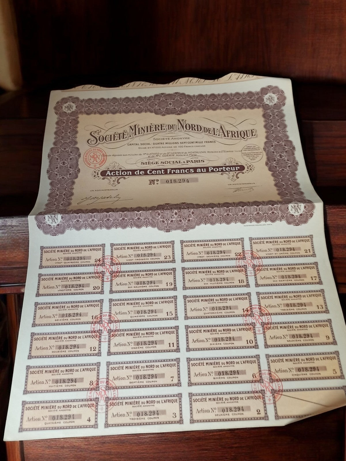 Action ancienne Société Minière Nord Afrique 100 francs années 1920 vintage papi