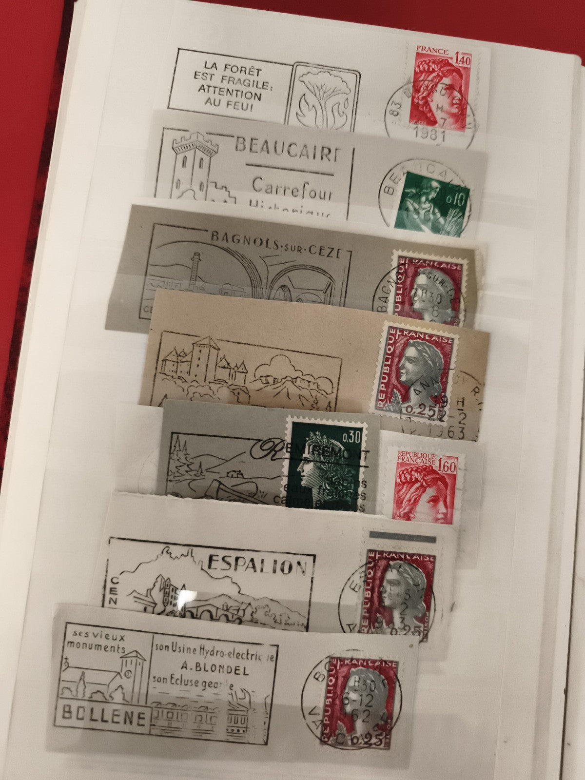 Lot oblitérations sur enveloppes France Marianne philatélie timbres rouges verts