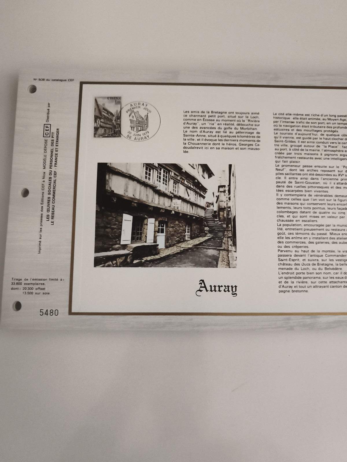 Feuillet philatélique CEF Auray 1979 oblitéré, illustration Bretagne